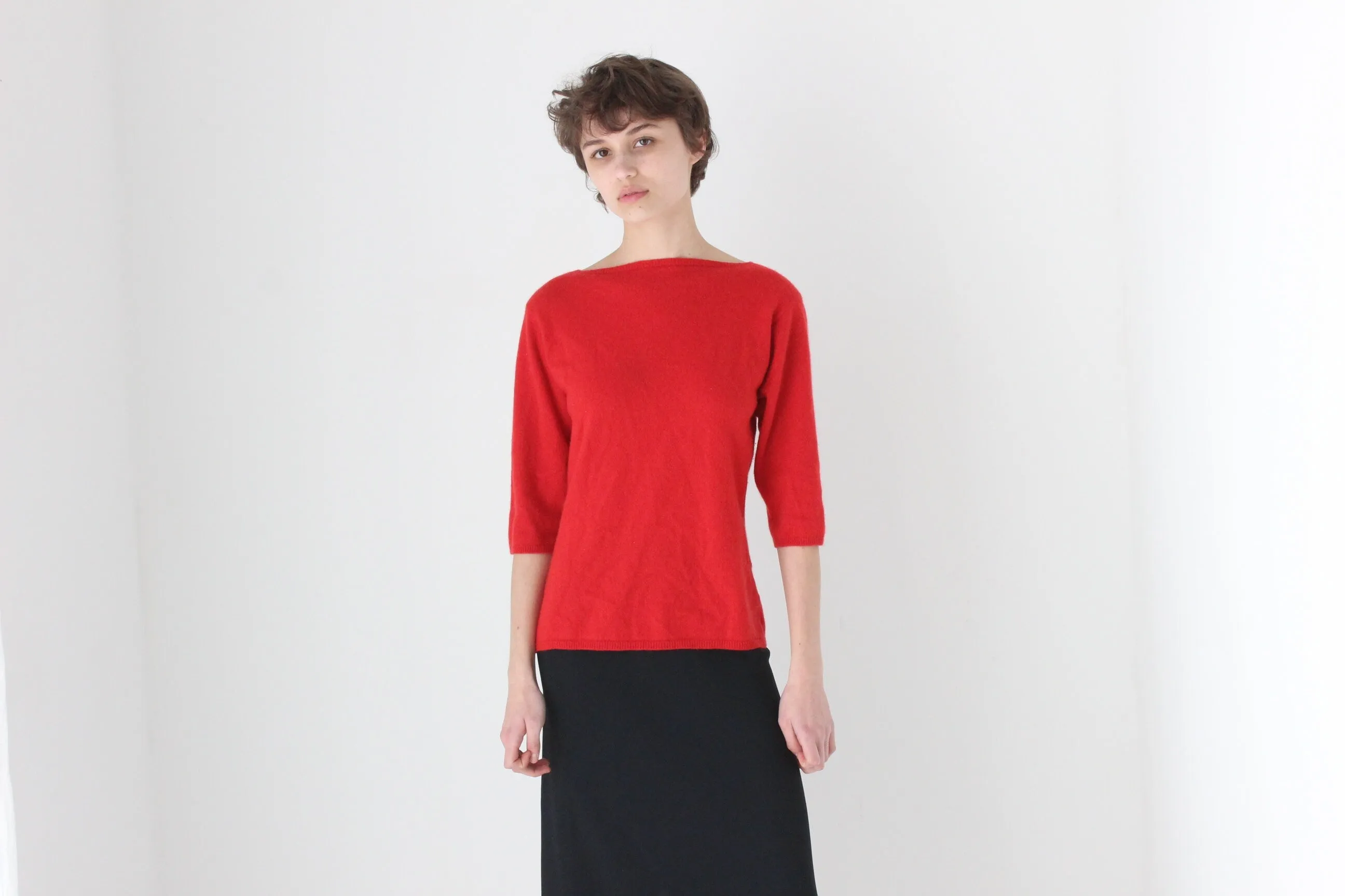 90s Bateau Neck Three-Quarter Sleeve Sweater Top