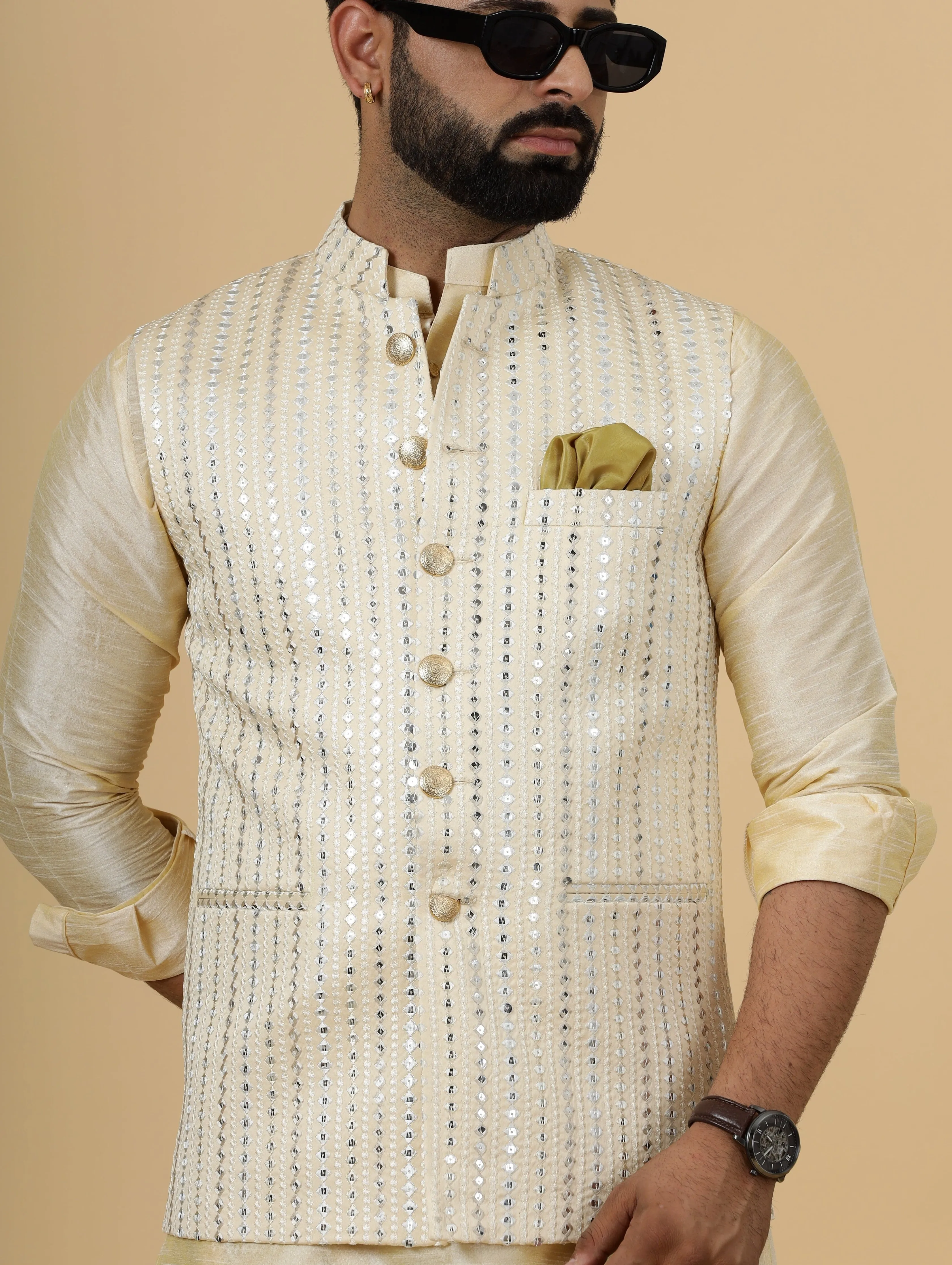 Alluring Beige Mirror Embroidered Silk Half Jodhpuri Jacket with Cream Kurta-Pajama for Men