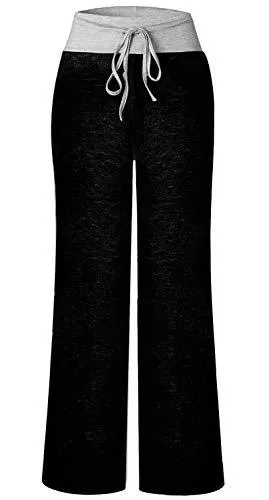 AMiERY Womens Pajamas High Waisted Pants Juniors Sleep Stretch Solid Pants Wide Leg Pants Jogger Palazzo Lounge Pants Black L