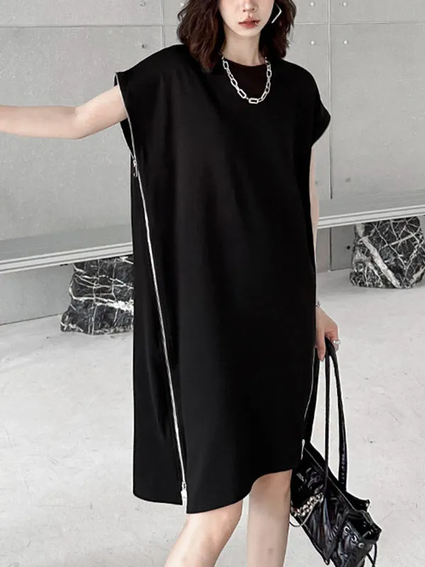 Asymmetric Zipper Loose Short Sleeves Round-Neck Midi Dresses