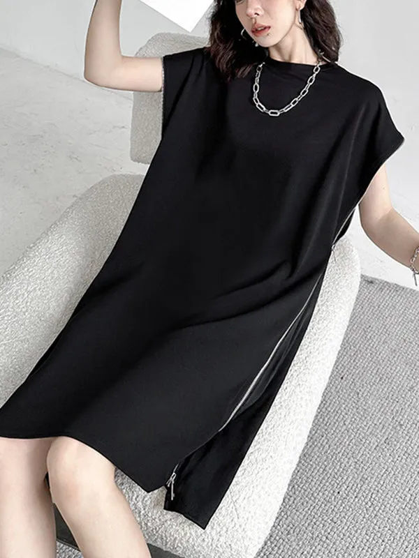 Asymmetric Zipper Loose Short Sleeves Round-Neck Midi Dresses