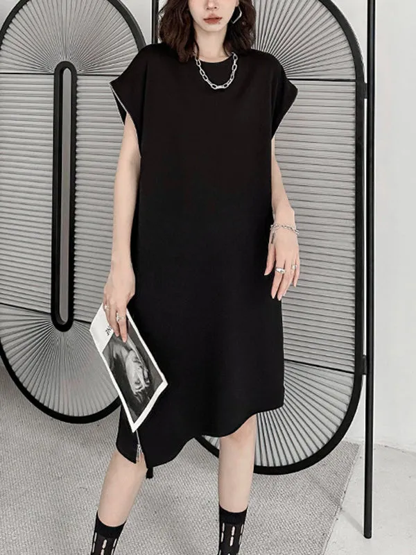 Asymmetric Zipper Loose Short Sleeves Round-Neck Midi Dresses