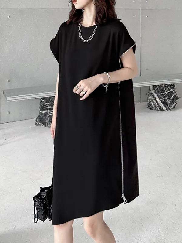 Asymmetric Zipper Loose Short Sleeves Round-Neck Midi Dresses