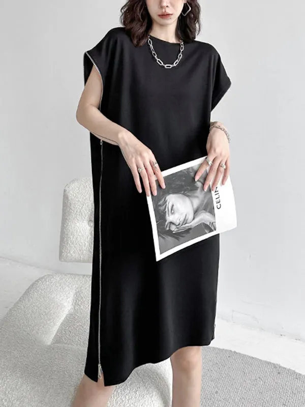 Asymmetric Zipper Loose Short Sleeves Round-Neck Midi Dresses