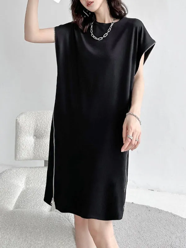 Asymmetric Zipper Loose Short Sleeves Round-Neck Midi Dresses