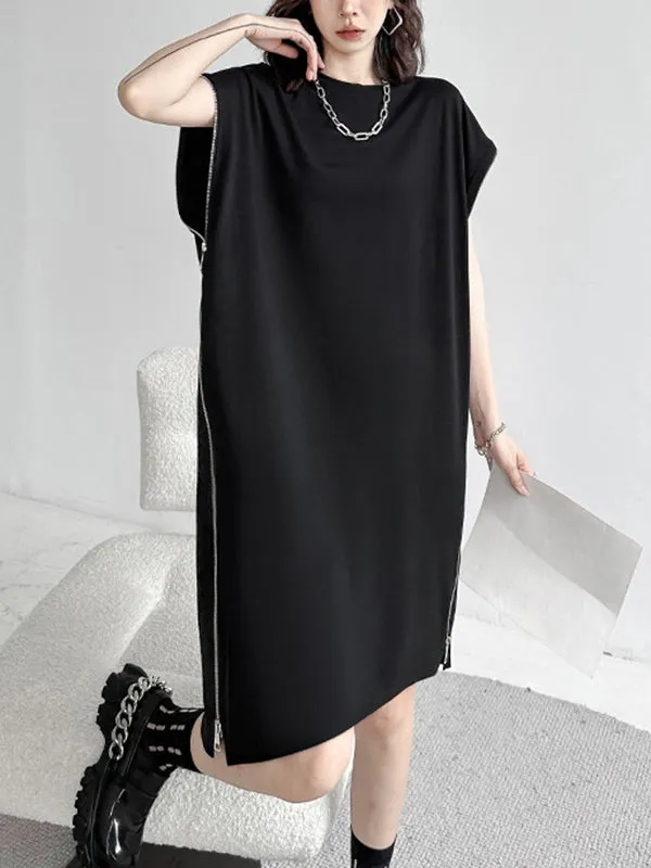Asymmetric Zipper Loose Short Sleeves Round-Neck Midi Dresses