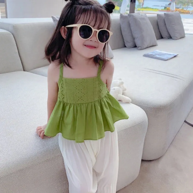 Baby Girls Clothing Suspender Vest Toddler Kids Breathable Shirt Summer Cotton Solid Hollow Sweet Top Children's Tank Top