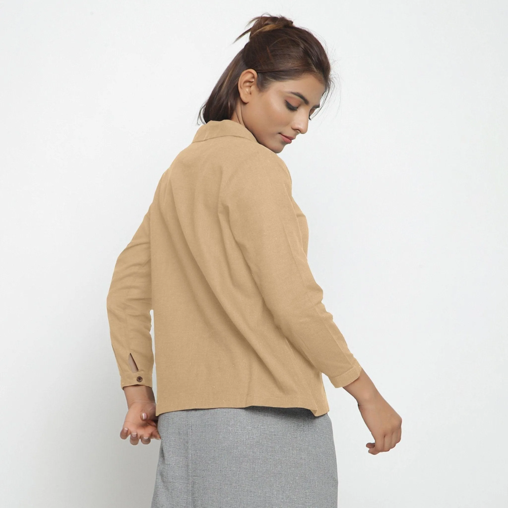 Beige 100% Cotton Peter Pan Button-Down Shirt