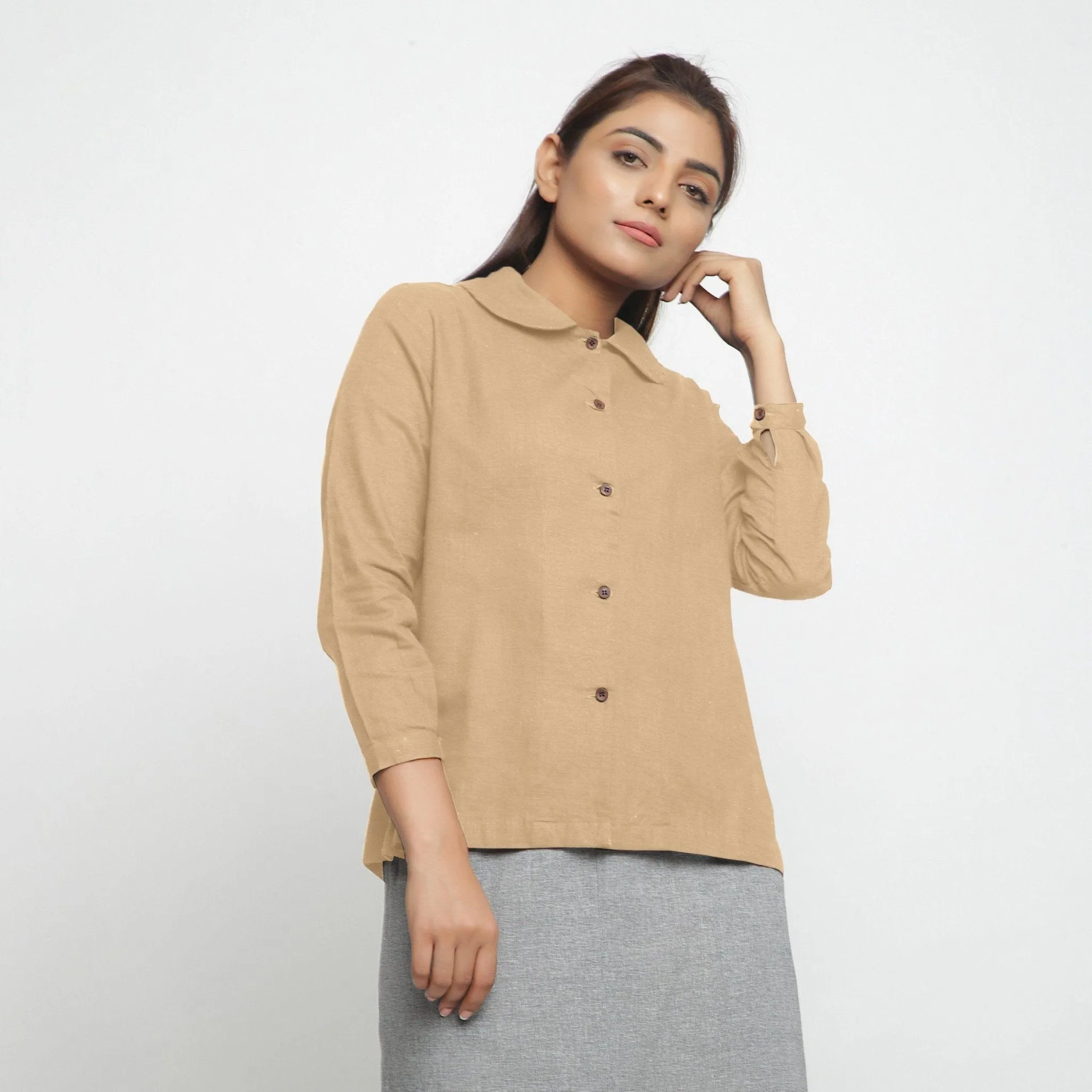 Beige 100% Cotton Peter Pan Button-Down Shirt