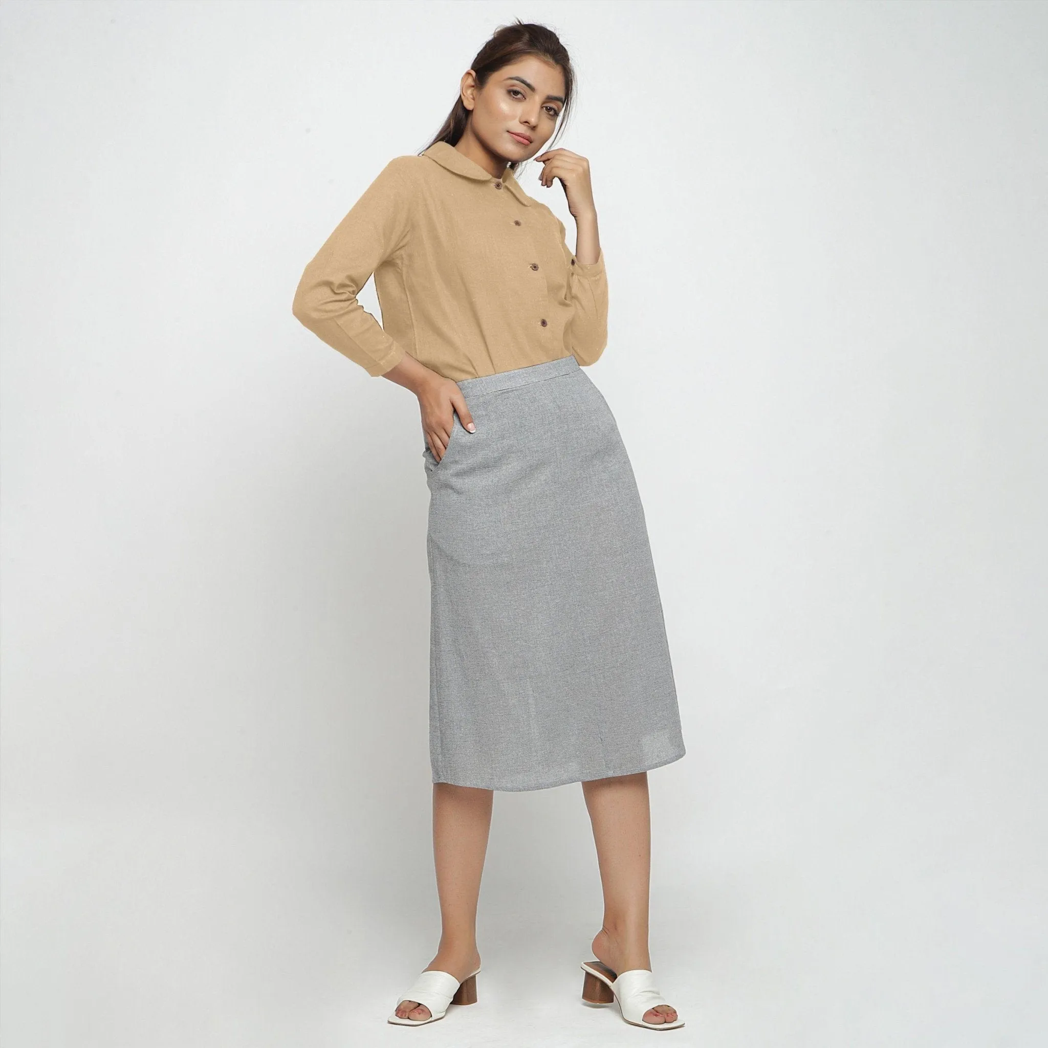 Beige 100% Cotton Peter Pan Button-Down Shirt