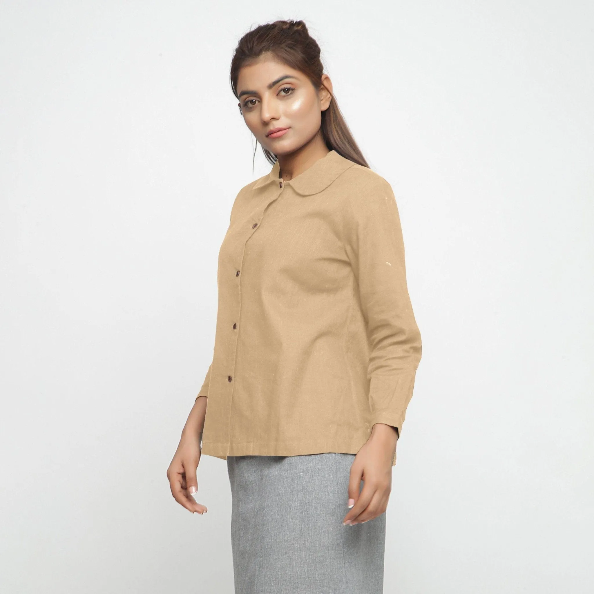 Beige 100% Cotton Peter Pan Button-Down Shirt