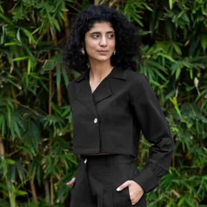 Black Cotton Poplin Full Sleeve Cropped Shirt