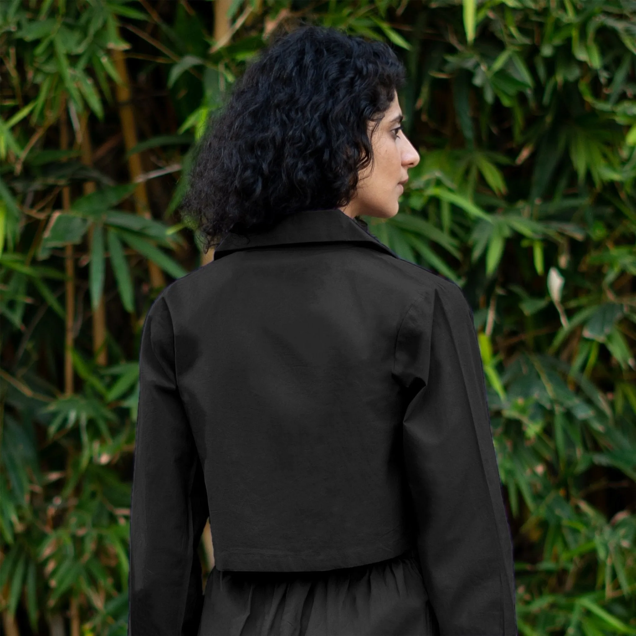 Black Cotton Poplin Full Sleeve Cropped Shirt
