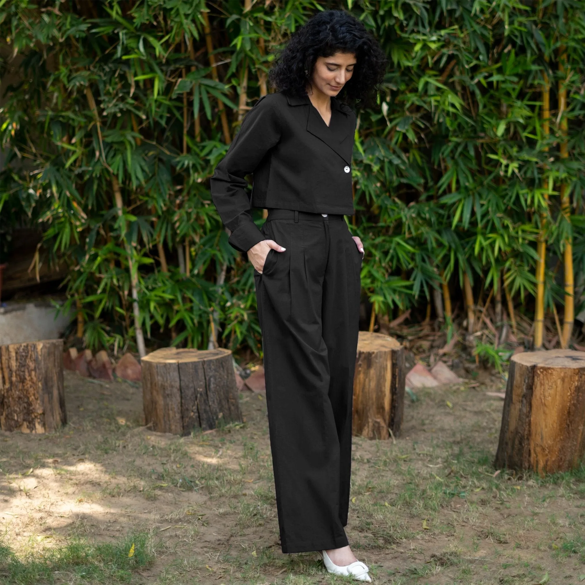 Black Cotton Poplin Full Sleeve Cropped Shirt
