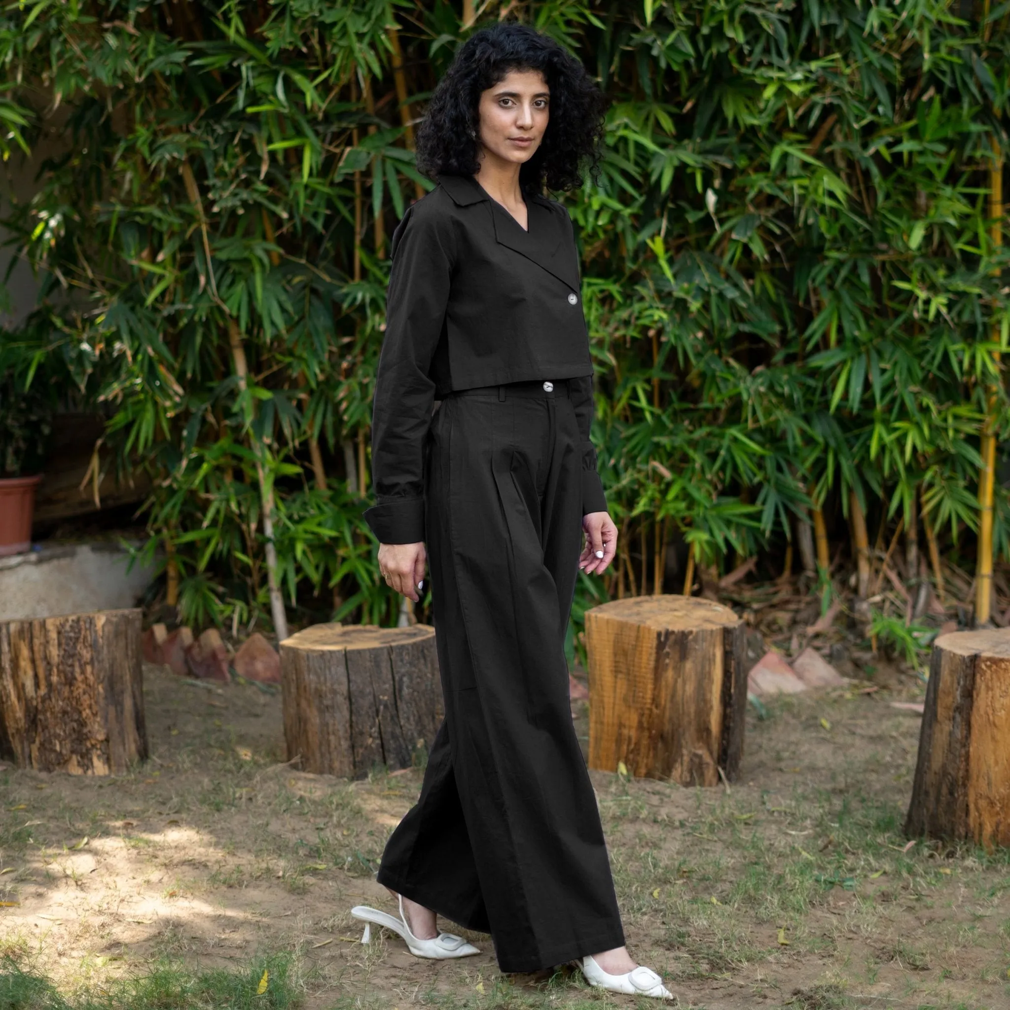 Black Cotton Poplin Full Sleeve Cropped Shirt