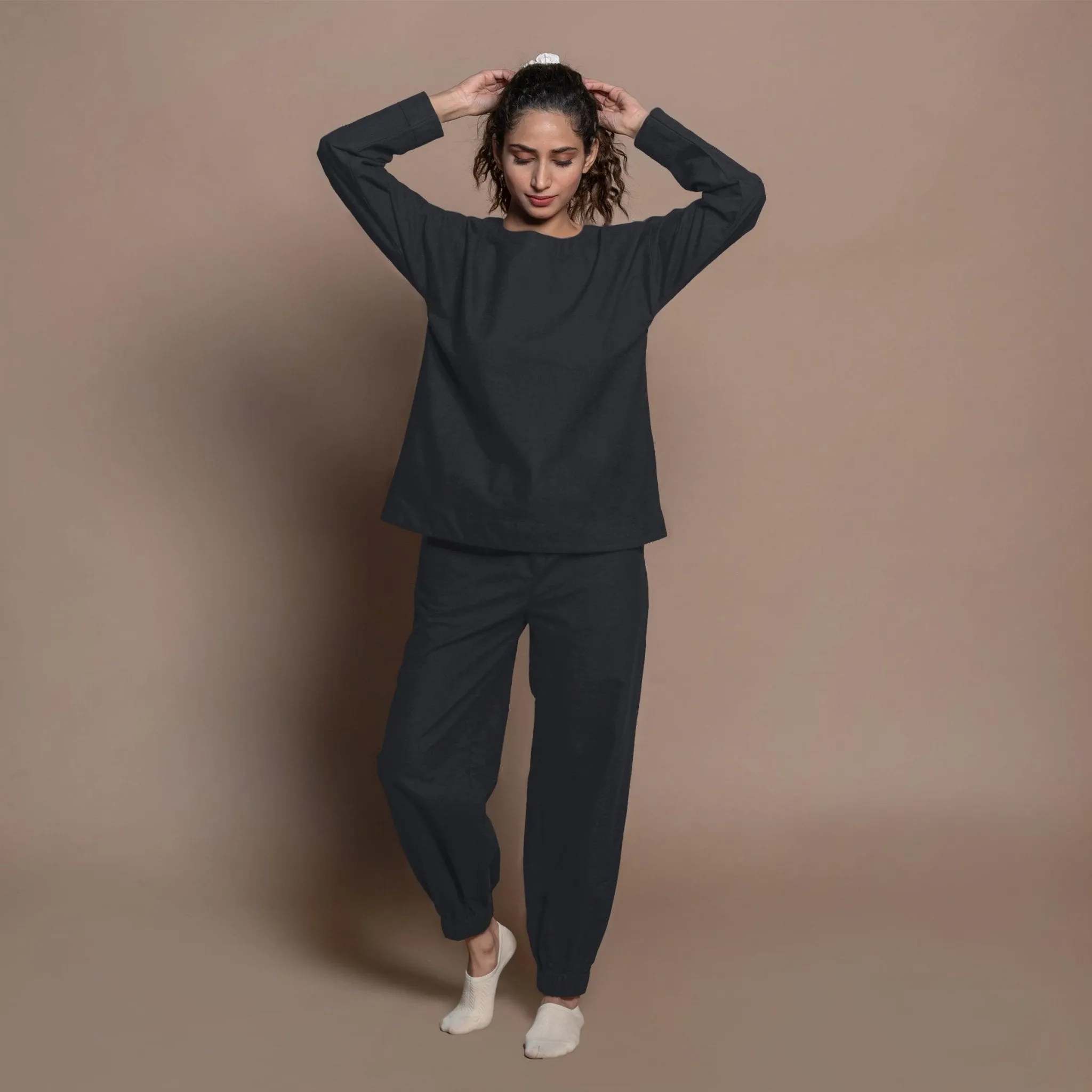 Black Warm Cotton Flannel Round Neck Sweatshirt