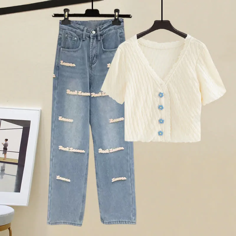 Blossom Button T-Shirt Letter Denim Pants Set