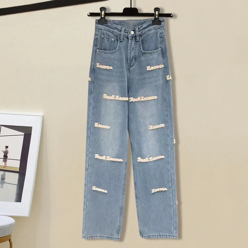 Blossom Button T-Shirt Letter Denim Pants Set