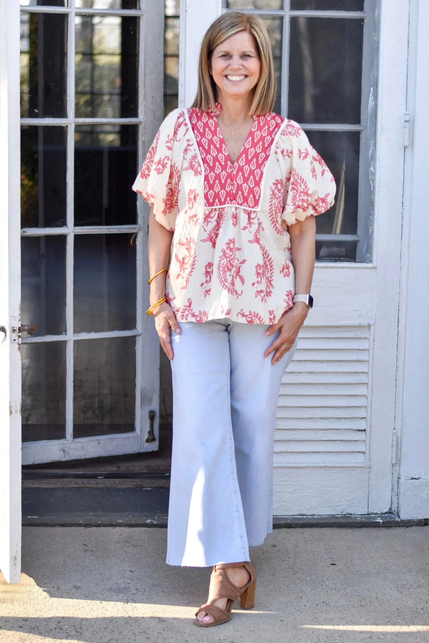 Boho Print Puff Sleeves Top