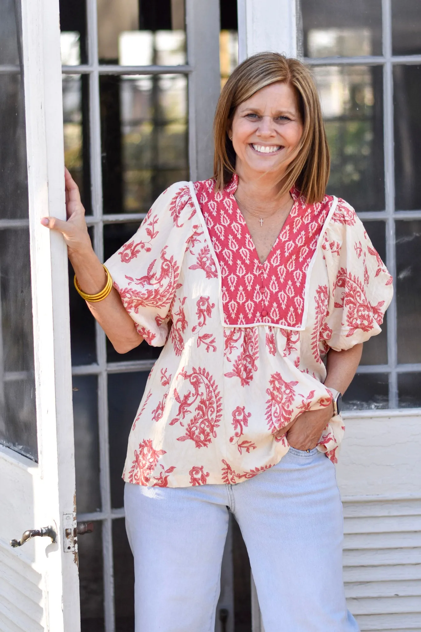 Boho Print Puff Sleeves Top