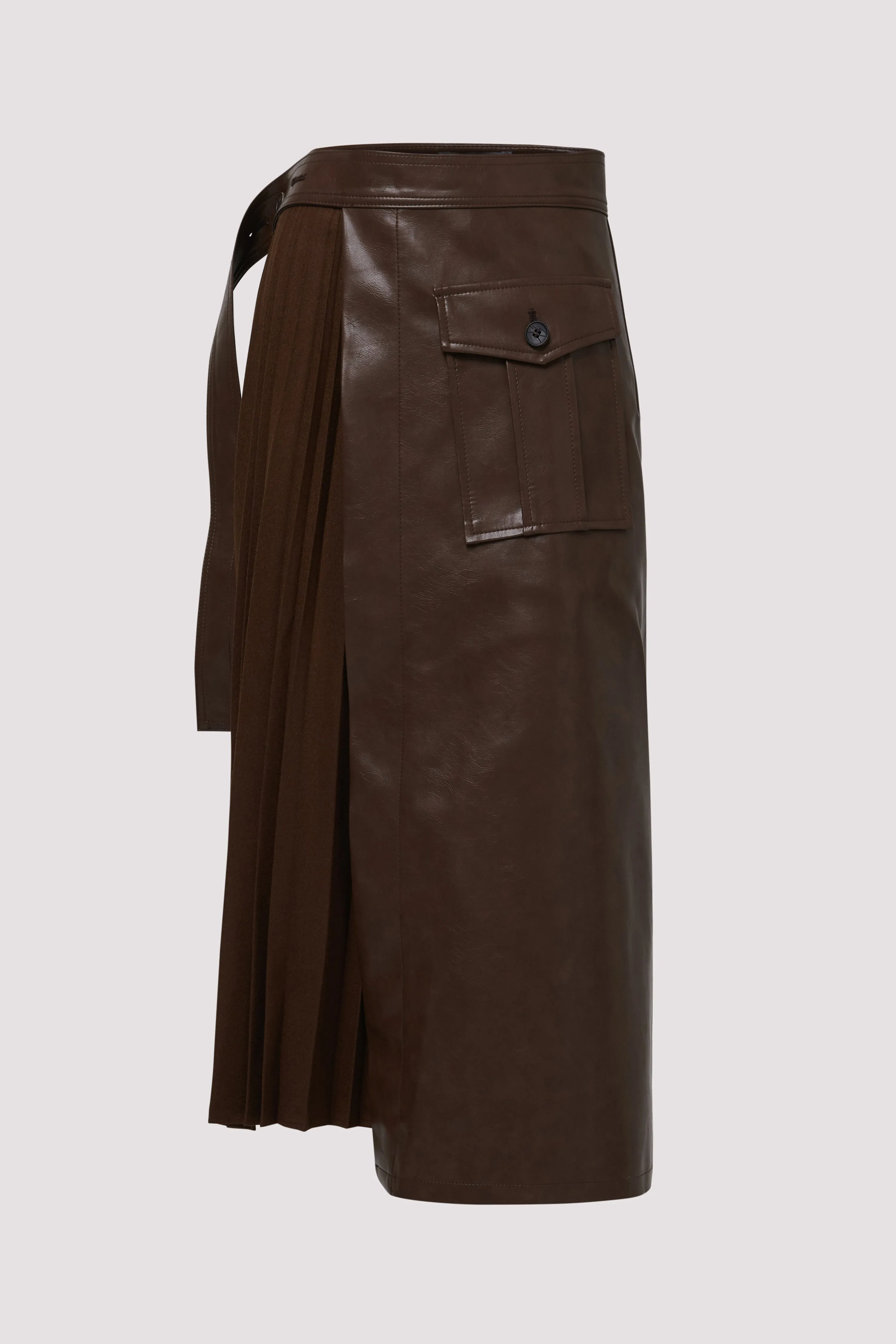 Brown Contrast Pleats Faux Leather Midi Skirt
