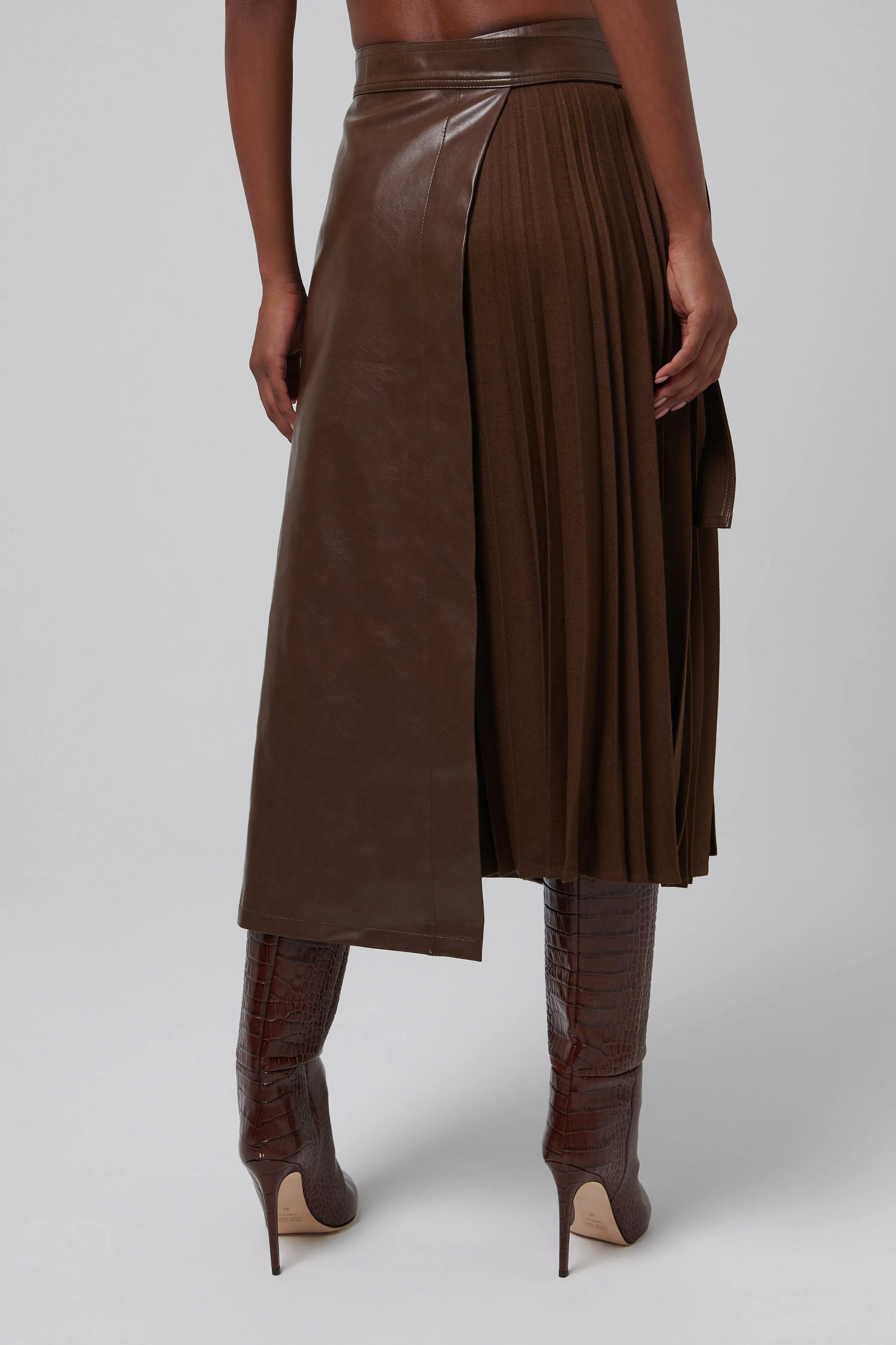 Brown Contrast Pleats Faux Leather Midi Skirt