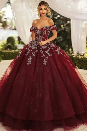 Burgundy Ball Gown Off the Shoulder Appliqued Quinceanera Dress