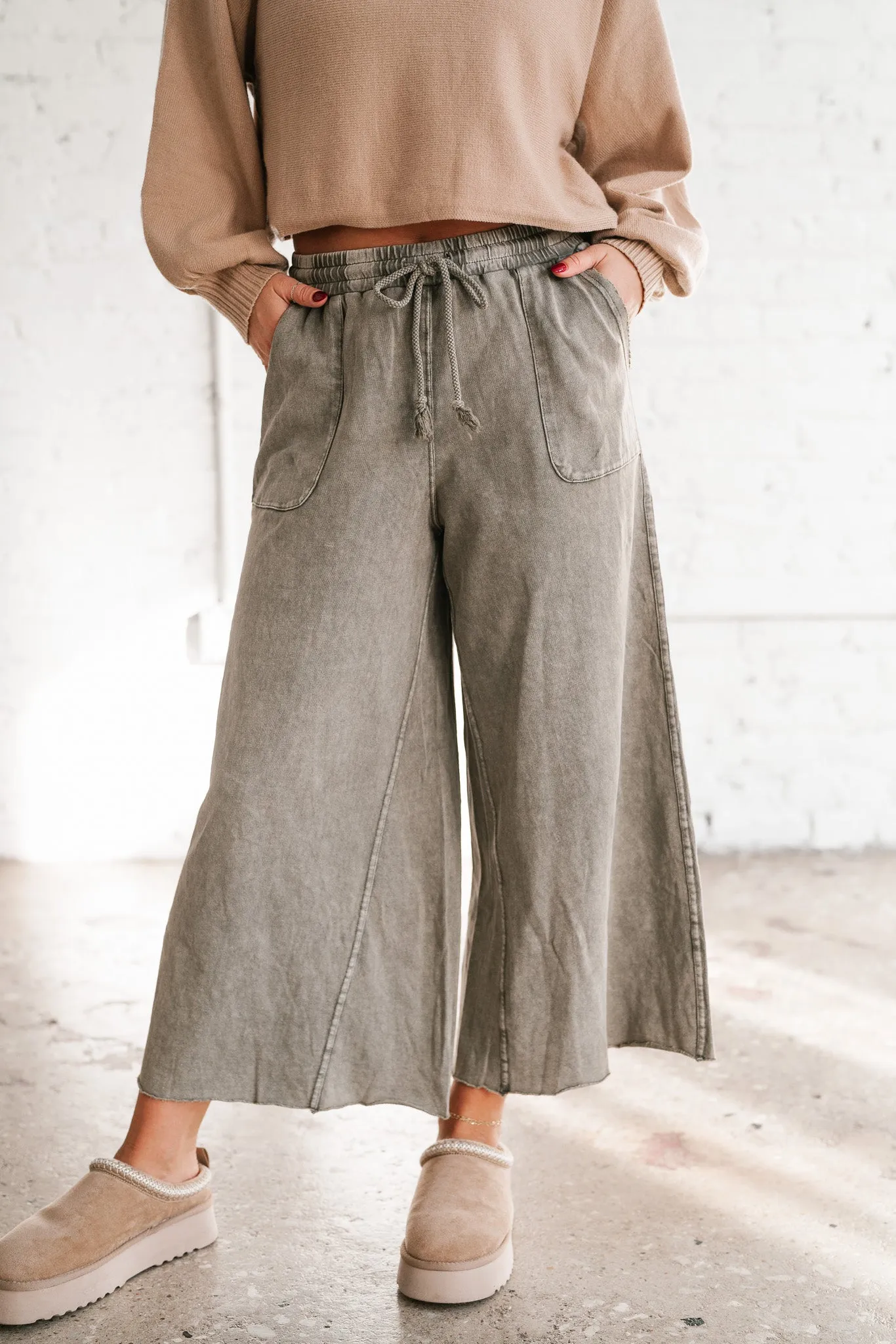 Can't Be Matched Mineral Wash Wide Leg Pants - Olive