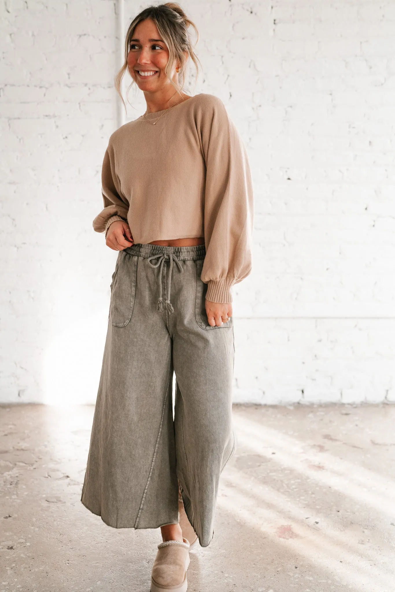 Can't Be Matched Mineral Wash Wide Leg Pants - Olive