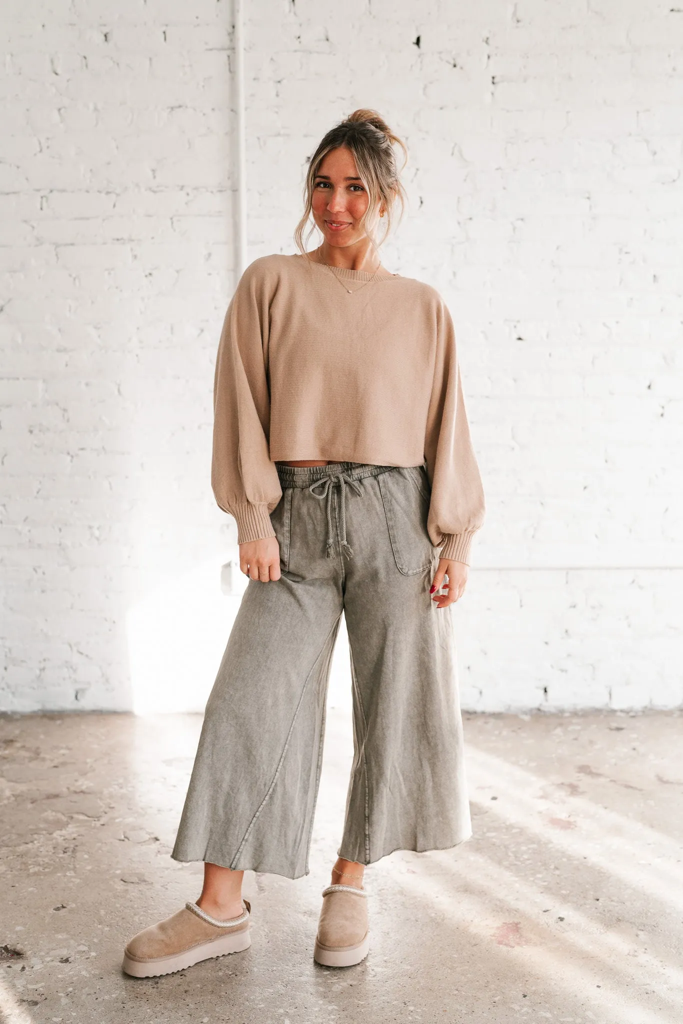 Can't Be Matched Mineral Wash Wide Leg Pants - Olive