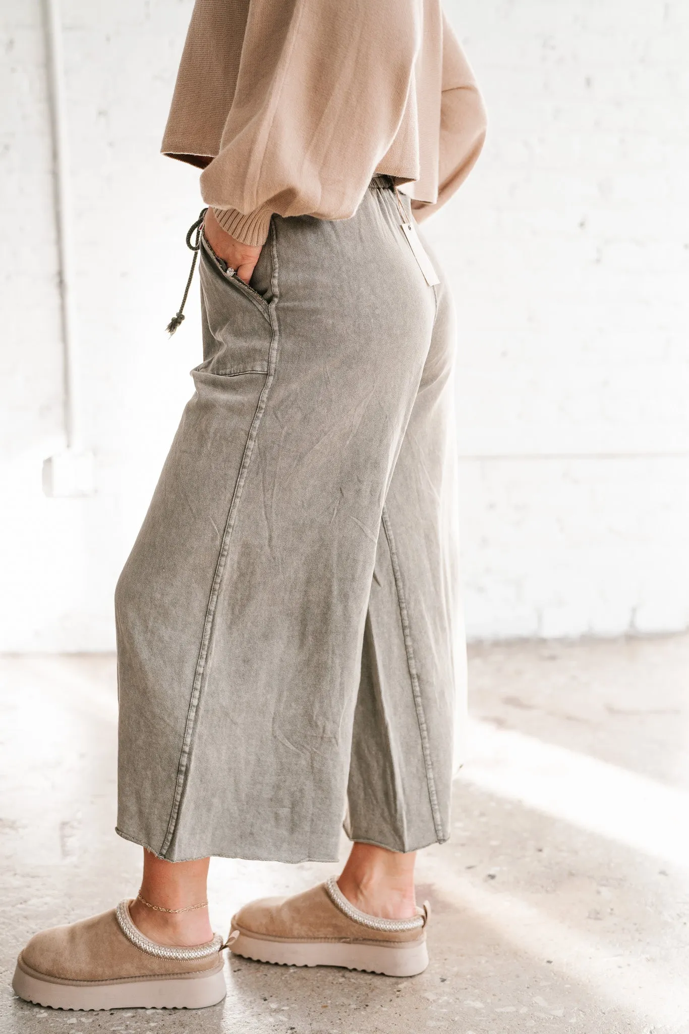 Can't Be Matched Mineral Wash Wide Leg Pants - Olive