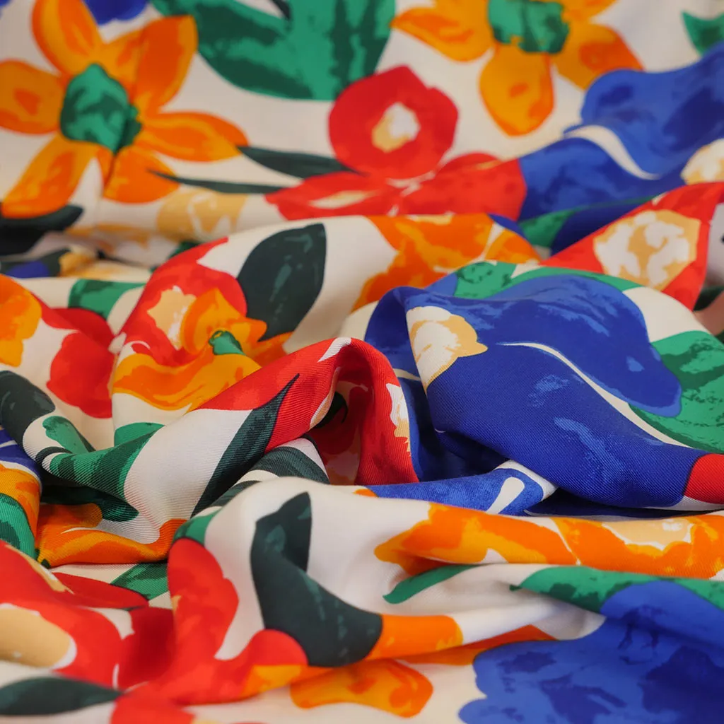 Carmel - Blue Poster Floral Viscose Woven Twill Fabric - 3.2m Remnant