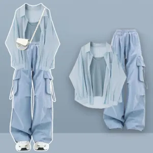 Casual Blue Two Pieces Top Cargo Pants