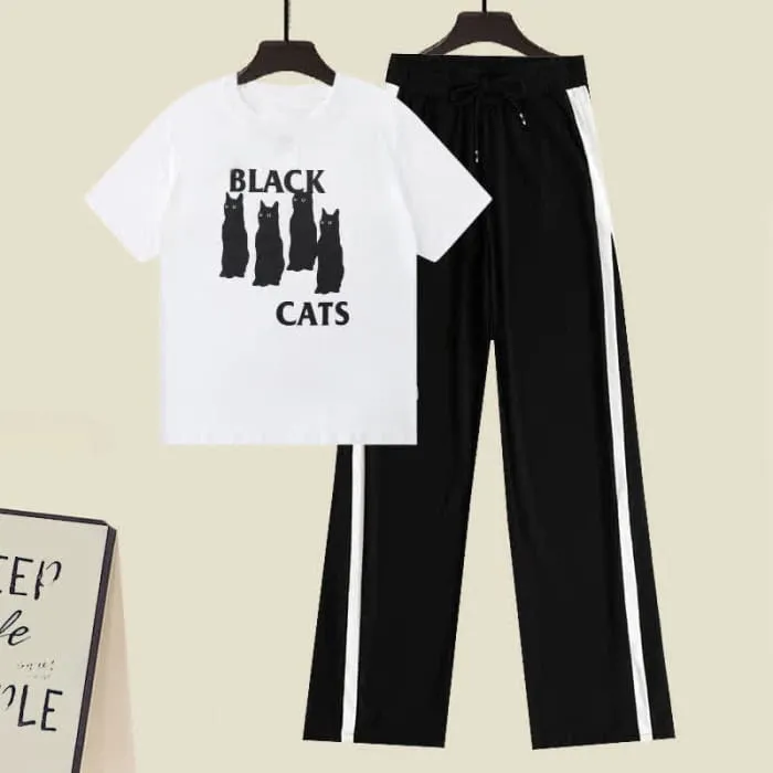 Cat Letter Print T-Shirt Casual Wide Leg Pants