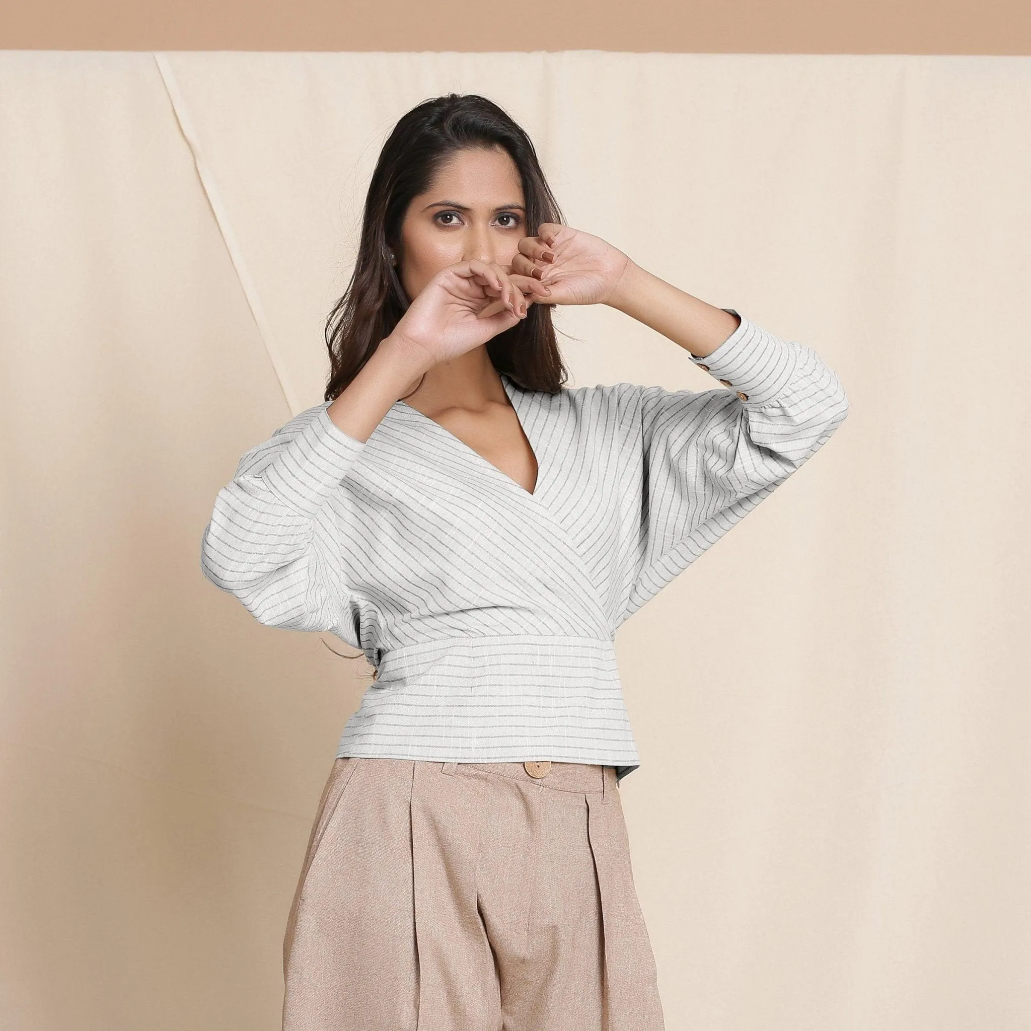 Cloudy Grey Striped Surplice Neck Cotton Blouson Wrap Top