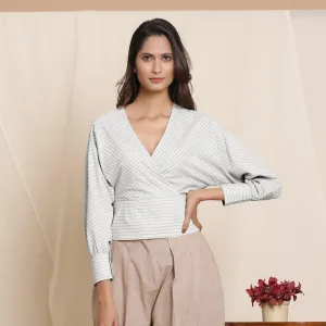 Cloudy Grey Striped Surplice Neck Cotton Blouson Wrap Top