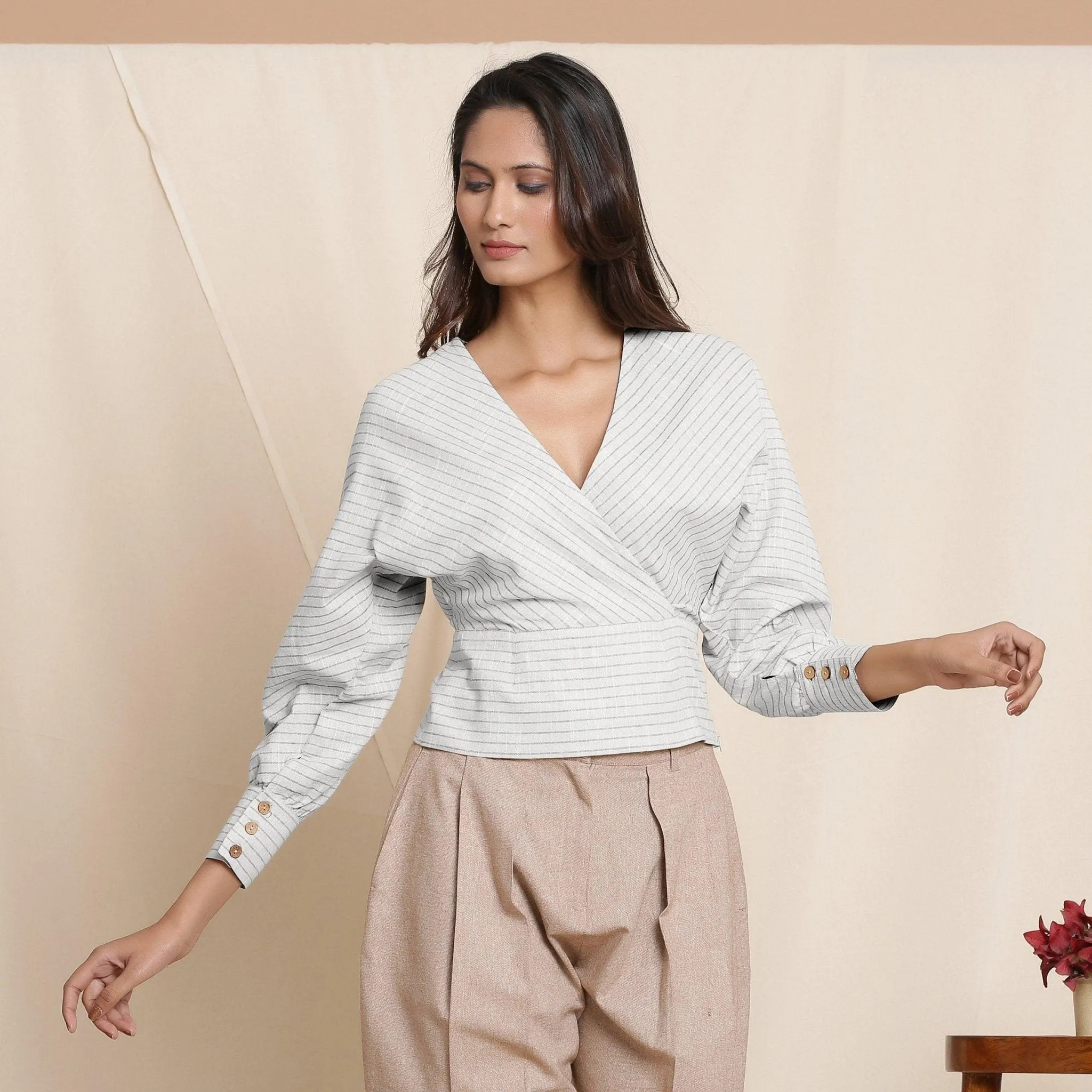 Cloudy Grey Striped Surplice Neck Cotton Blouson Wrap Top