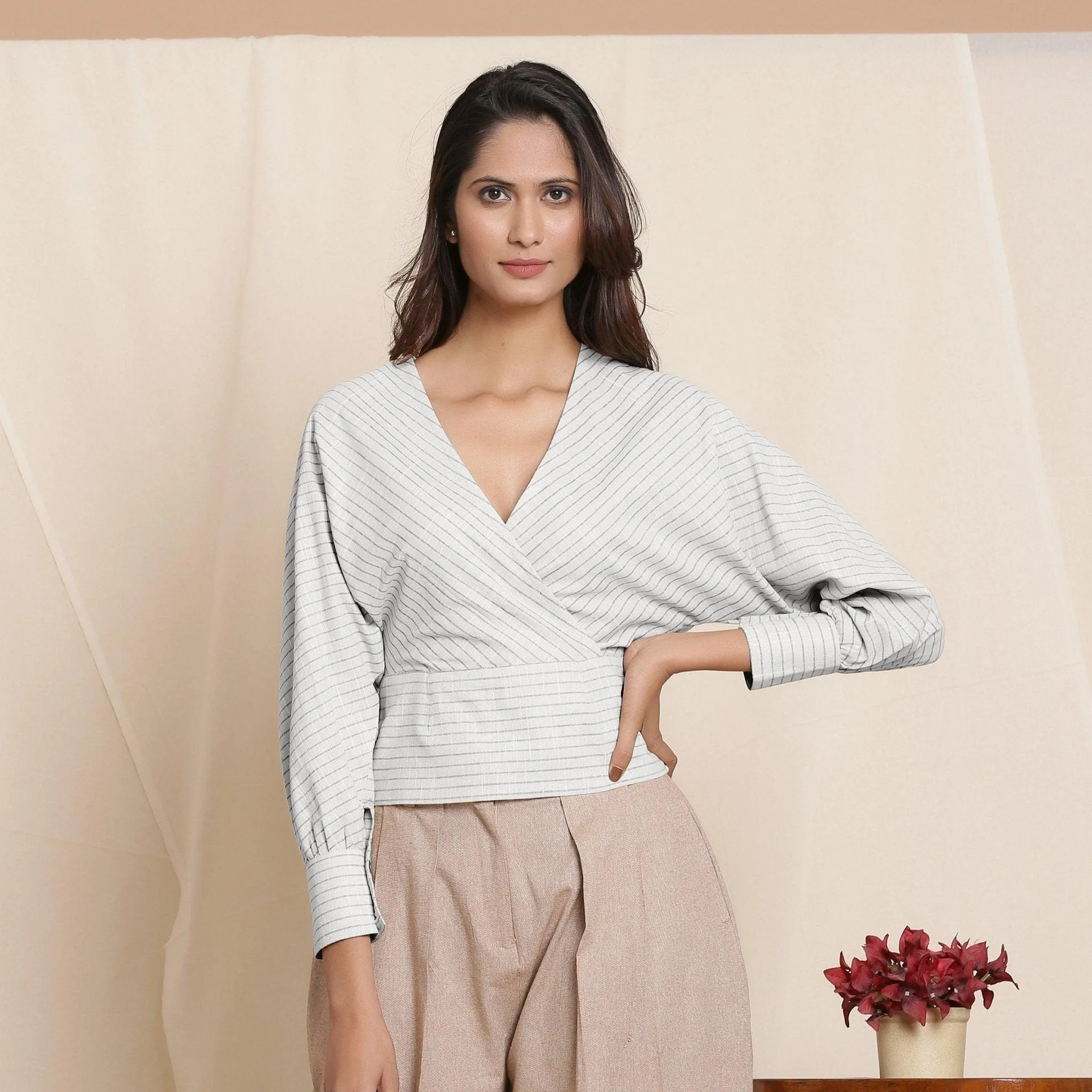 Cloudy Grey Striped Surplice Neck Cotton Blouson Wrap Top