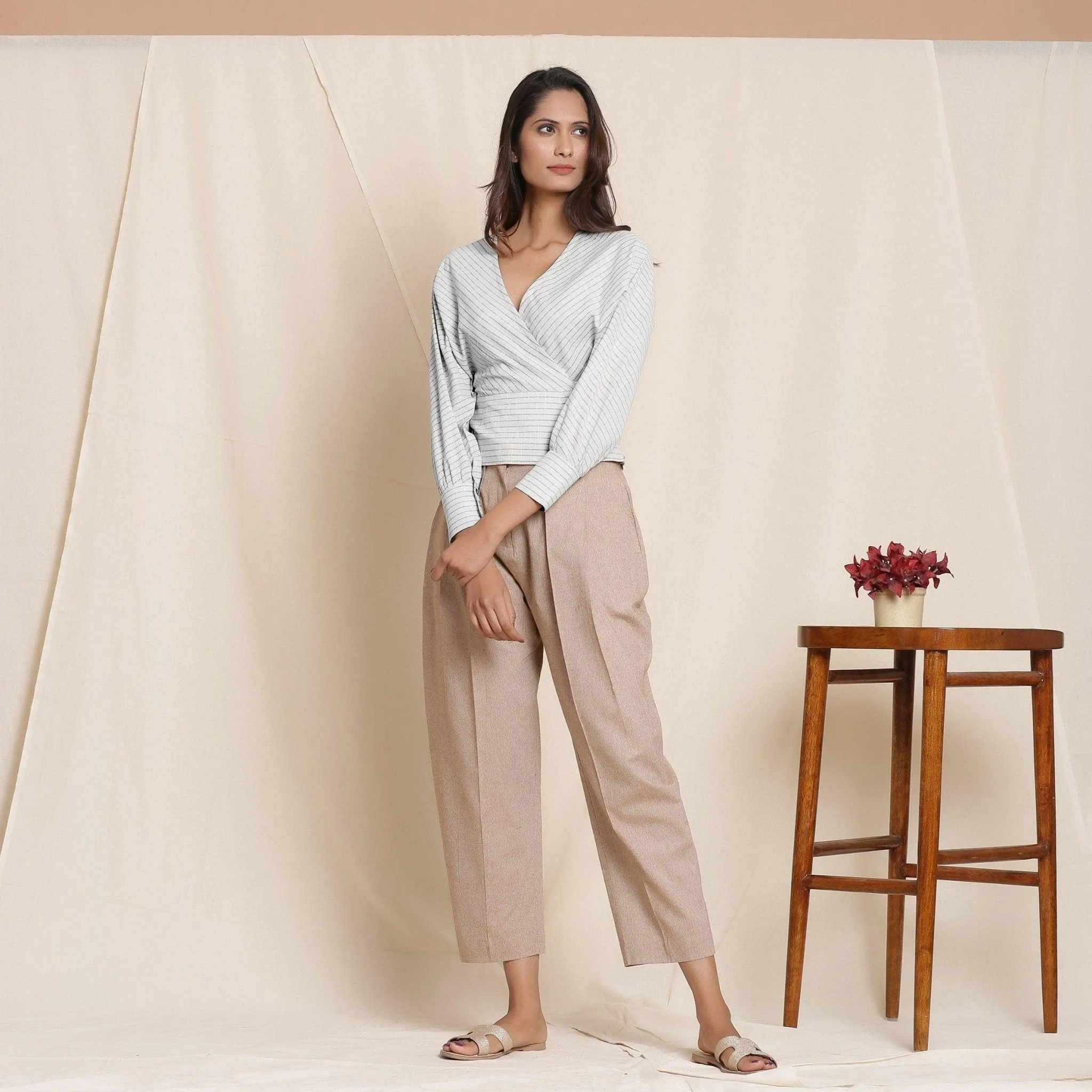 Cloudy Grey Striped Surplice Neck Cotton Blouson Wrap Top