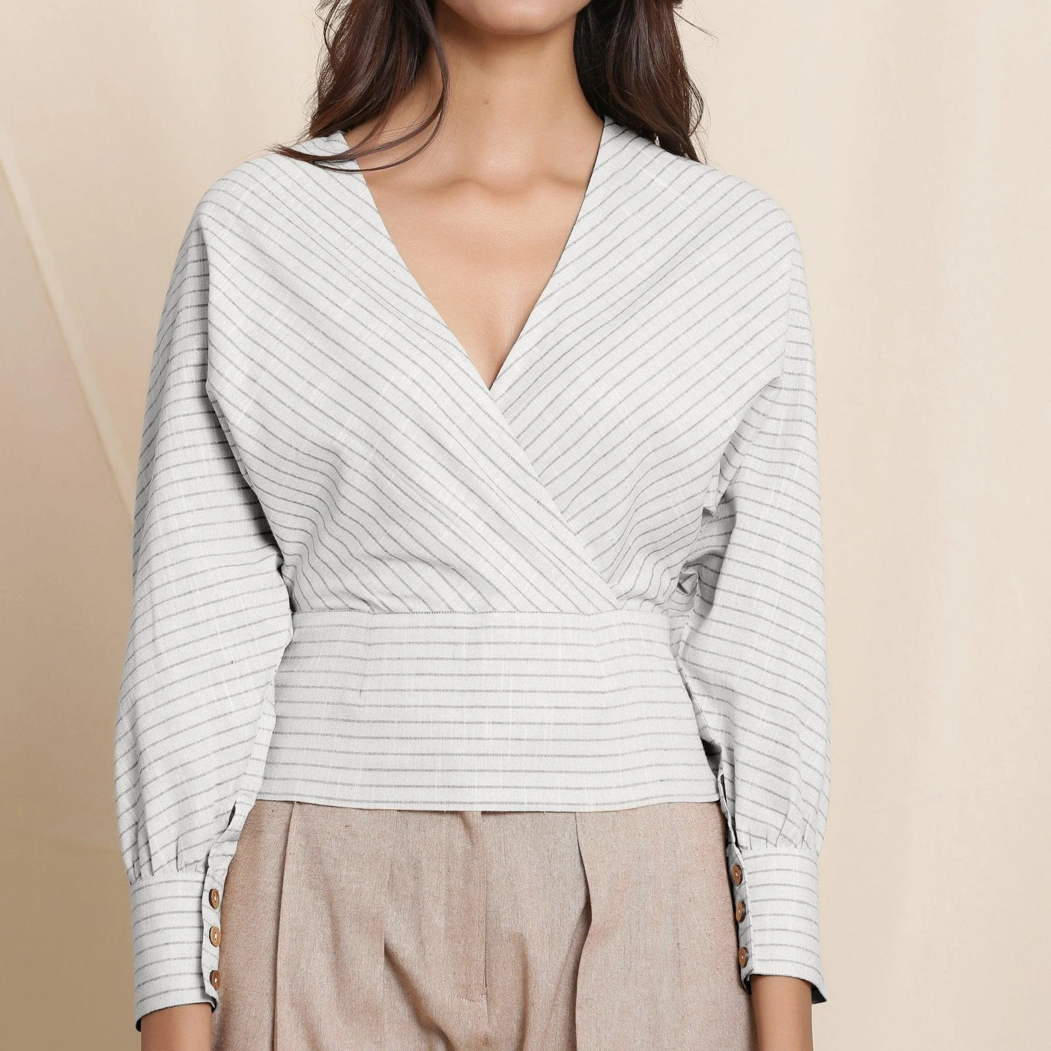 Cloudy Grey Striped Surplice Neck Cotton Blouson Wrap Top