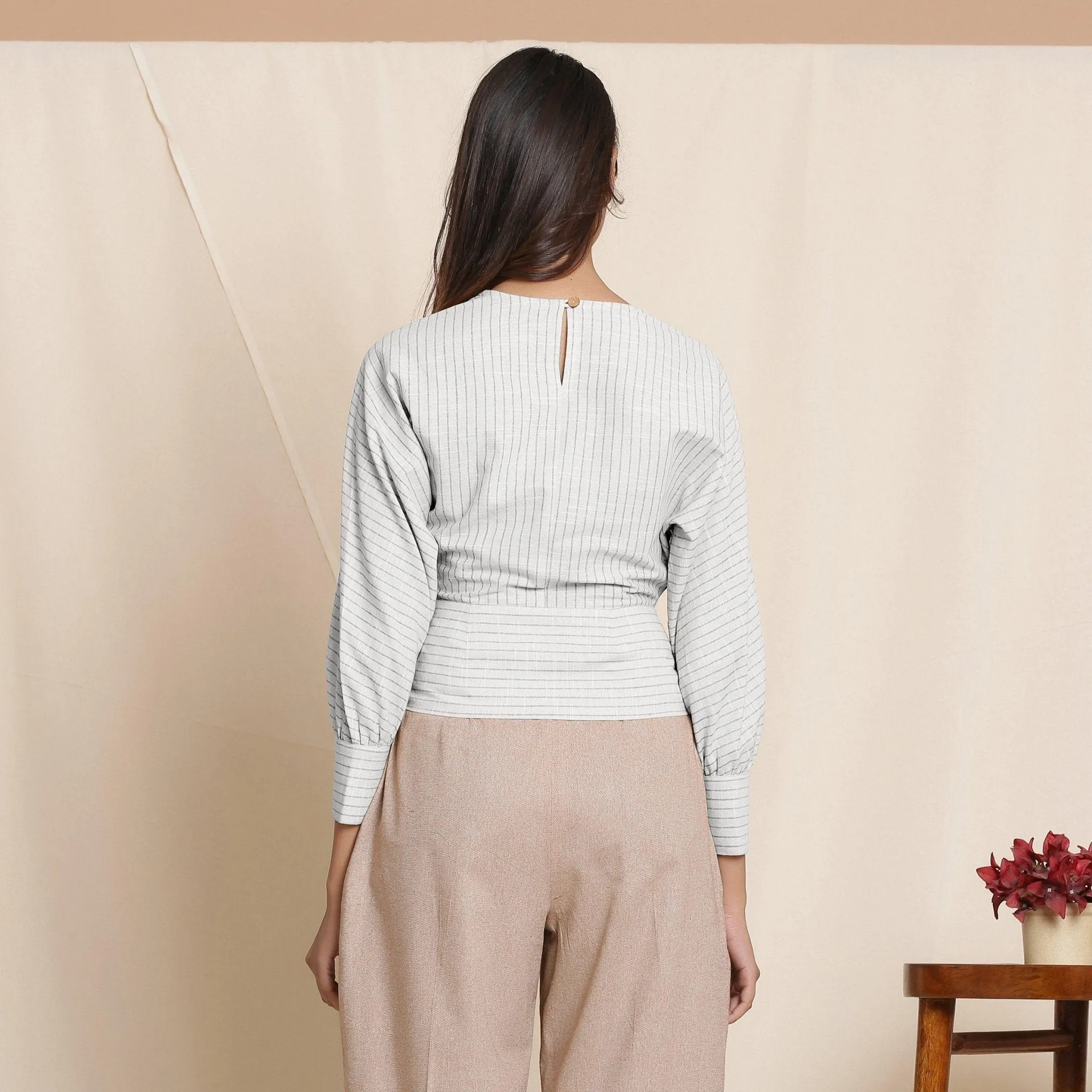 Cloudy Grey Striped Surplice Neck Cotton Blouson Wrap Top