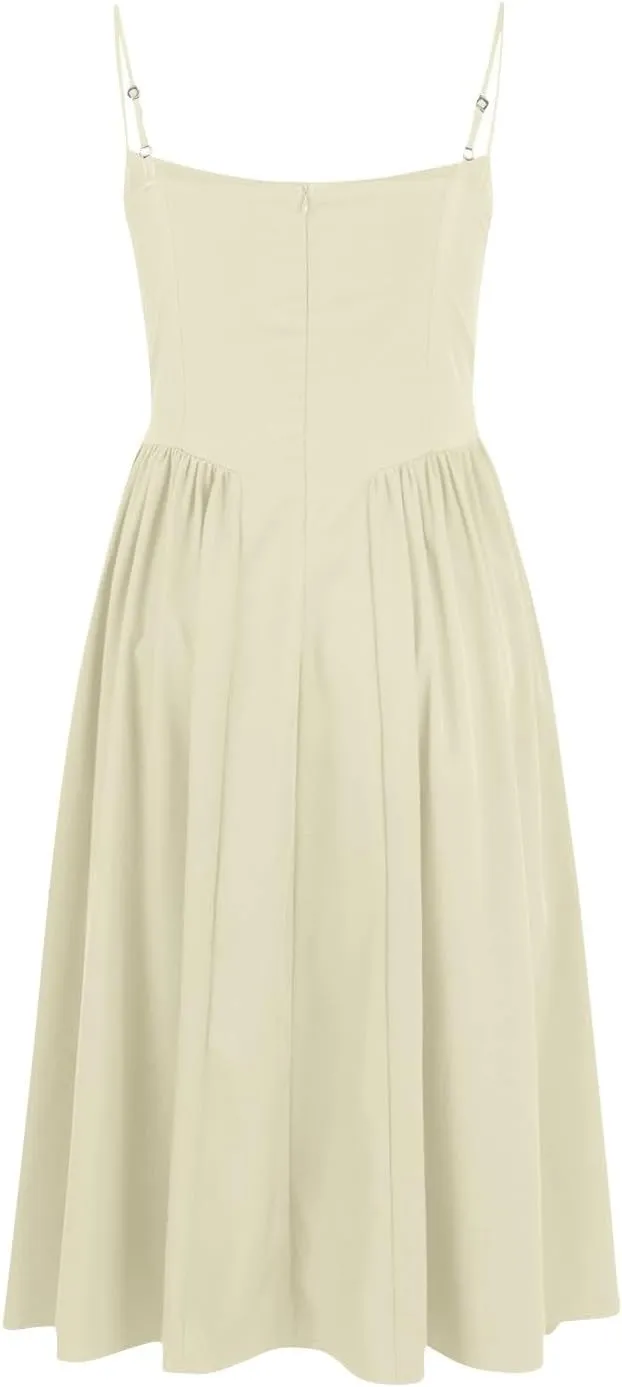 Corset Dress-Sexy Spaghetti Strap Bustier Midi Dress Low Cut Flowy Pleated Hem Modest Formal Dresses with Pockets