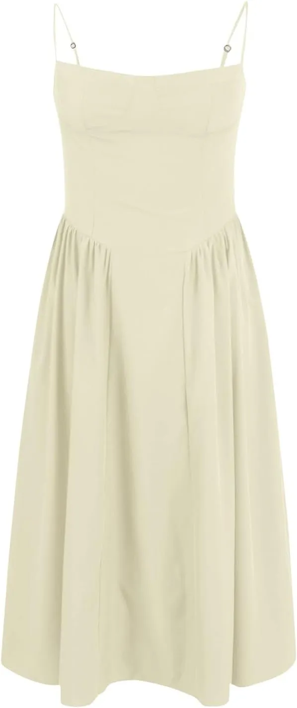 Corset Dress-Sexy Spaghetti Strap Bustier Midi Dress Low Cut Flowy Pleated Hem Modest Formal Dresses with Pockets