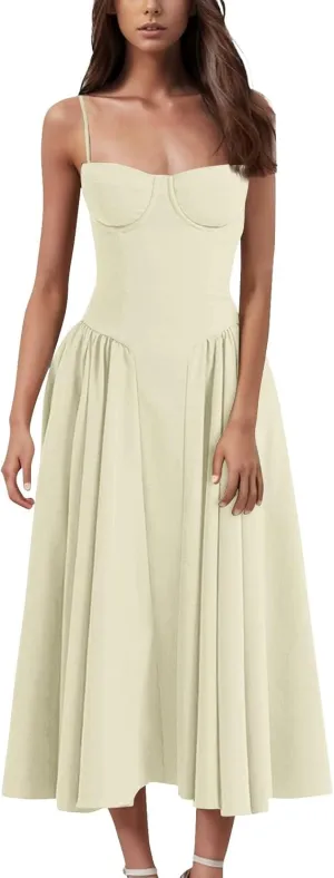 Corset Dress-Sexy Spaghetti Strap Bustier Midi Dress Low Cut Flowy Pleated Hem Modest Formal Dresses with Pockets