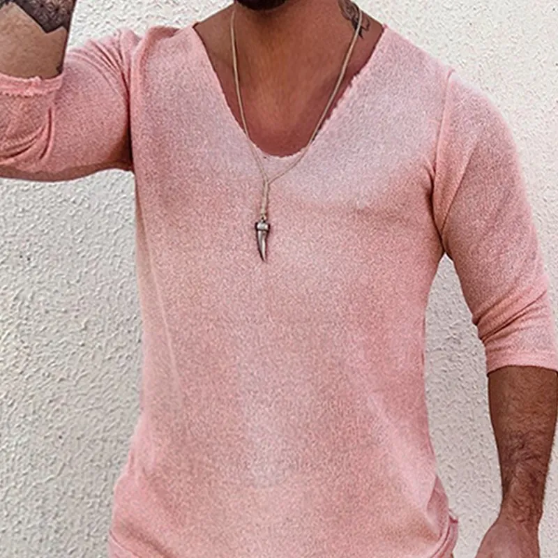 Deep V Neck Breathable Linen Cotton Mid Sleeve T-Shirt