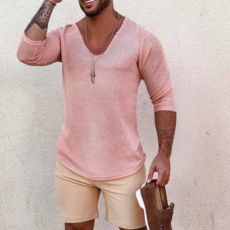 Deep V Neck Breathable Linen Cotton Mid Sleeve T-Shirt