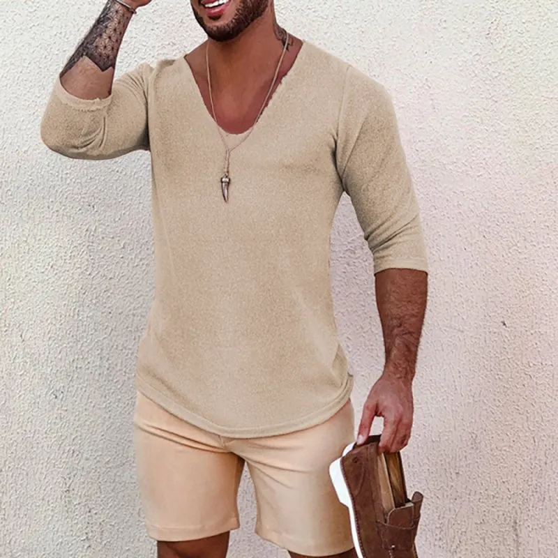 Deep V Neck Breathable Linen Cotton Mid Sleeve T-Shirt