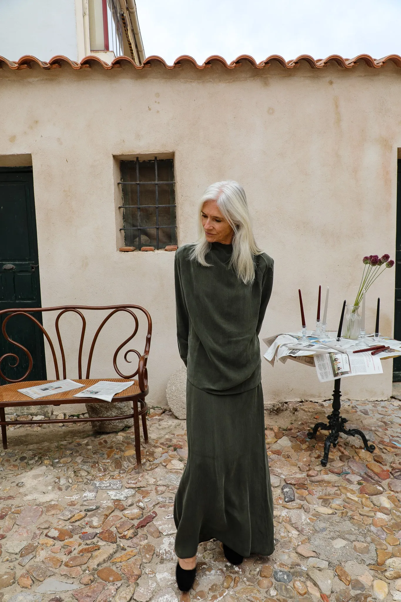 Draped Cupro Blouse Olive Green