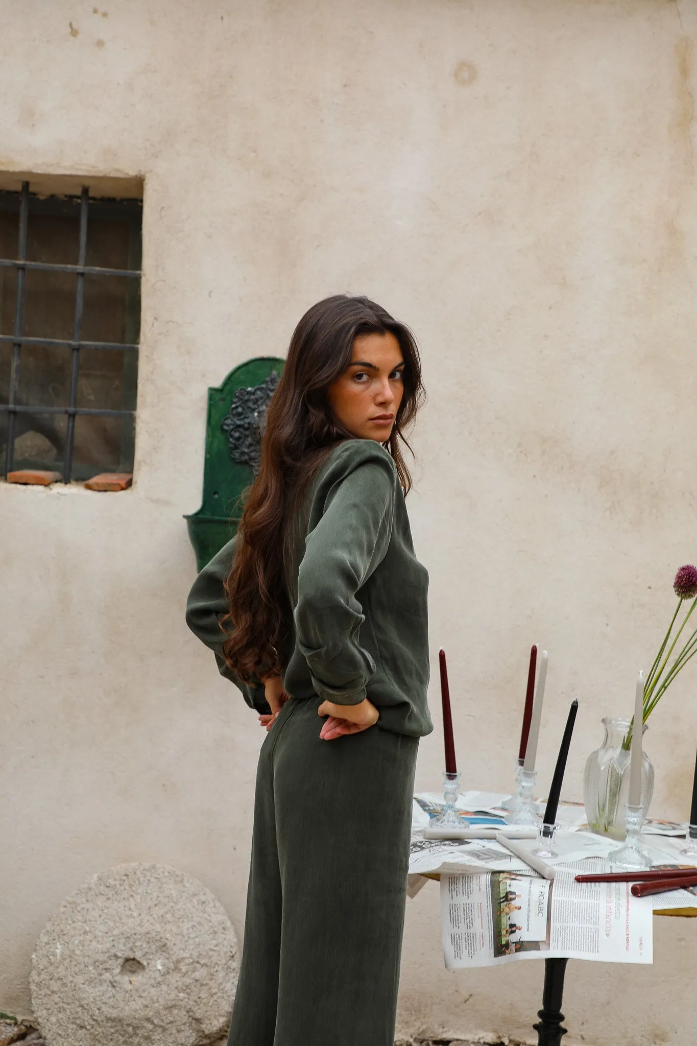 Draped Cupro Blouse Olive Green