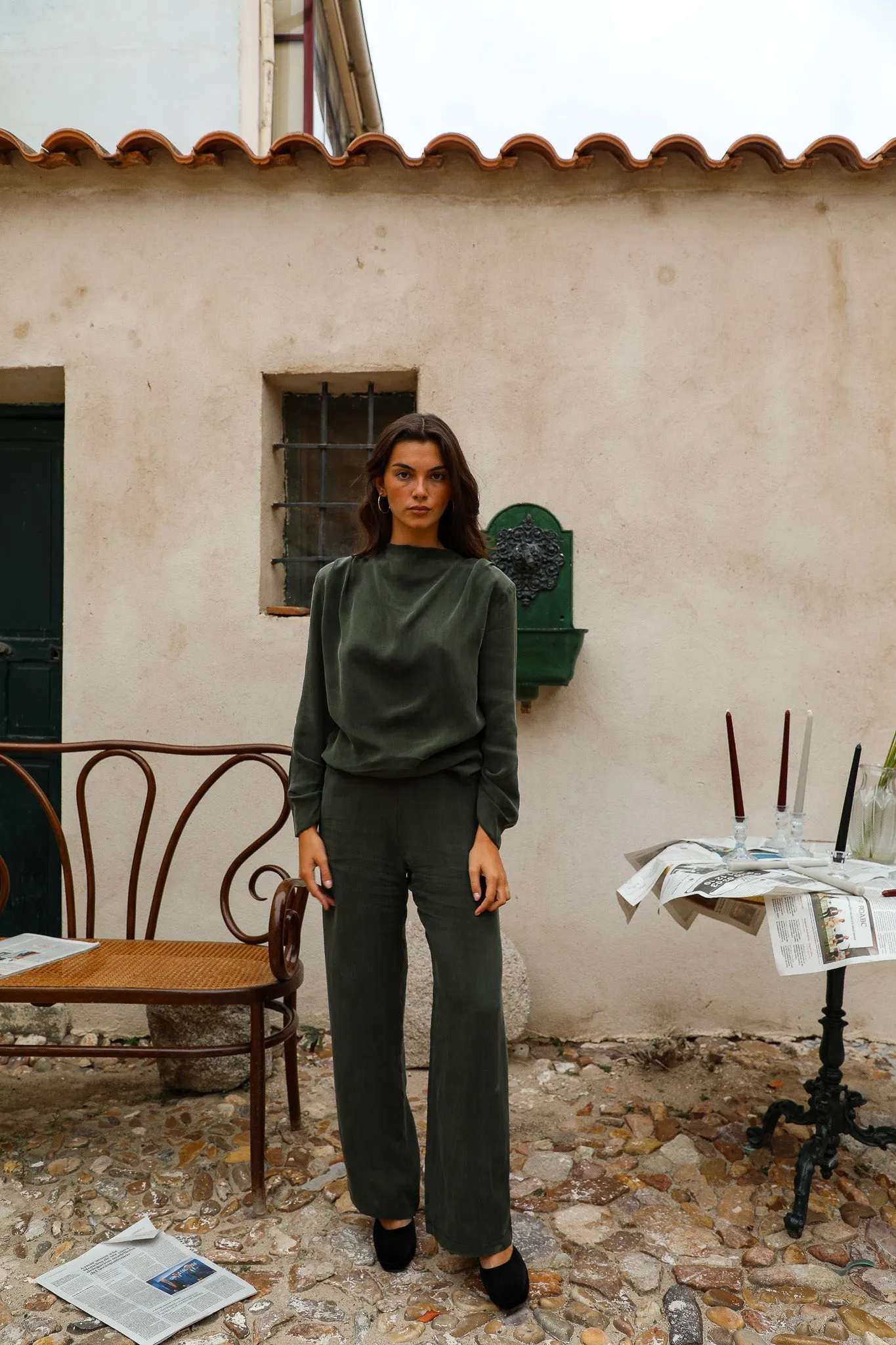 Draped Cupro Blouse Olive Green